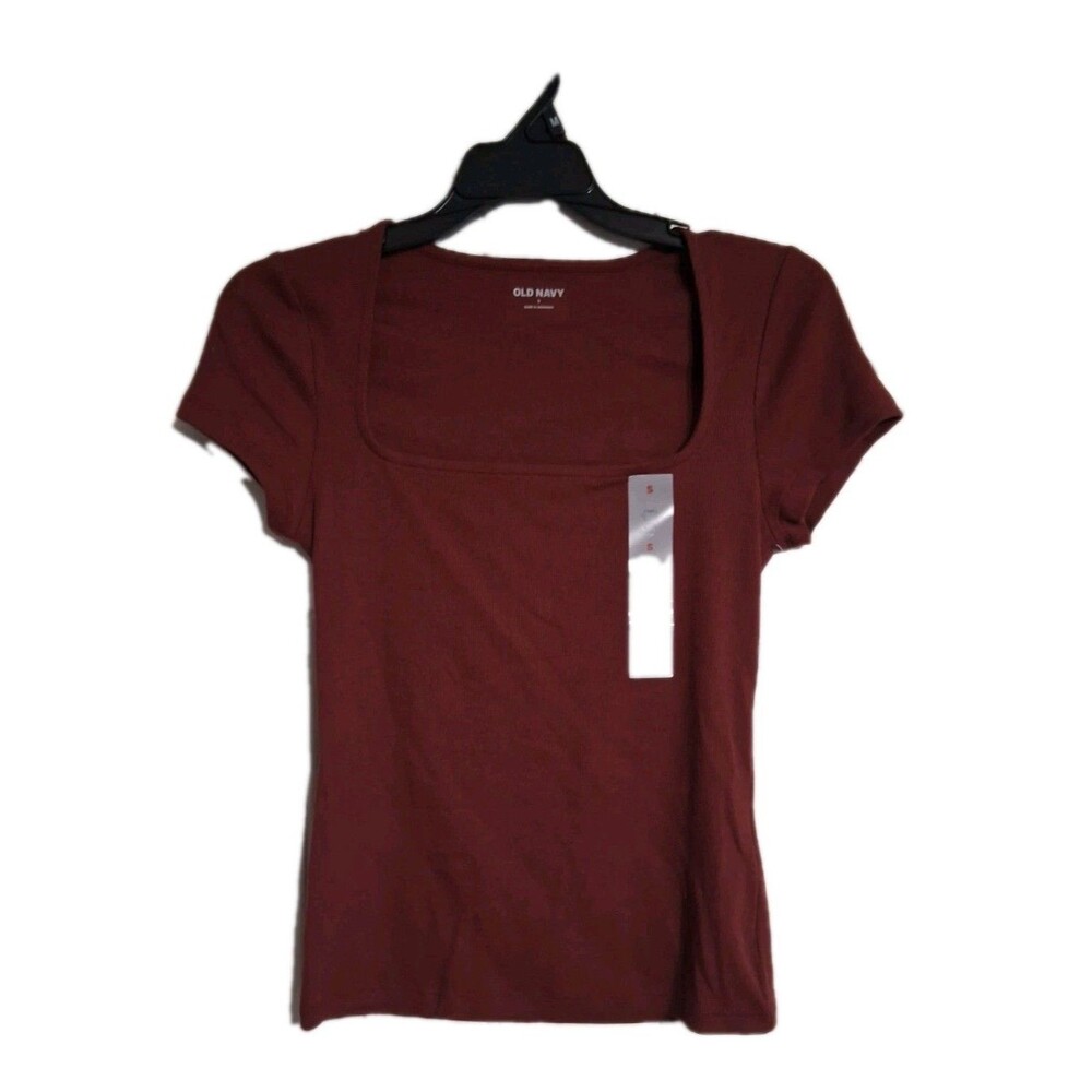NWT Women's Old Navy Fitted Ribbed Square Neck Tee Size S Maroon A7